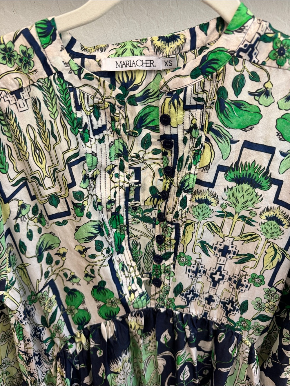 Maria Cher Green Floral Maxi Dress with Navy Trim